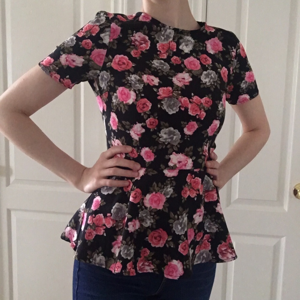 Floral Peplum Top Blouse Pink Black White